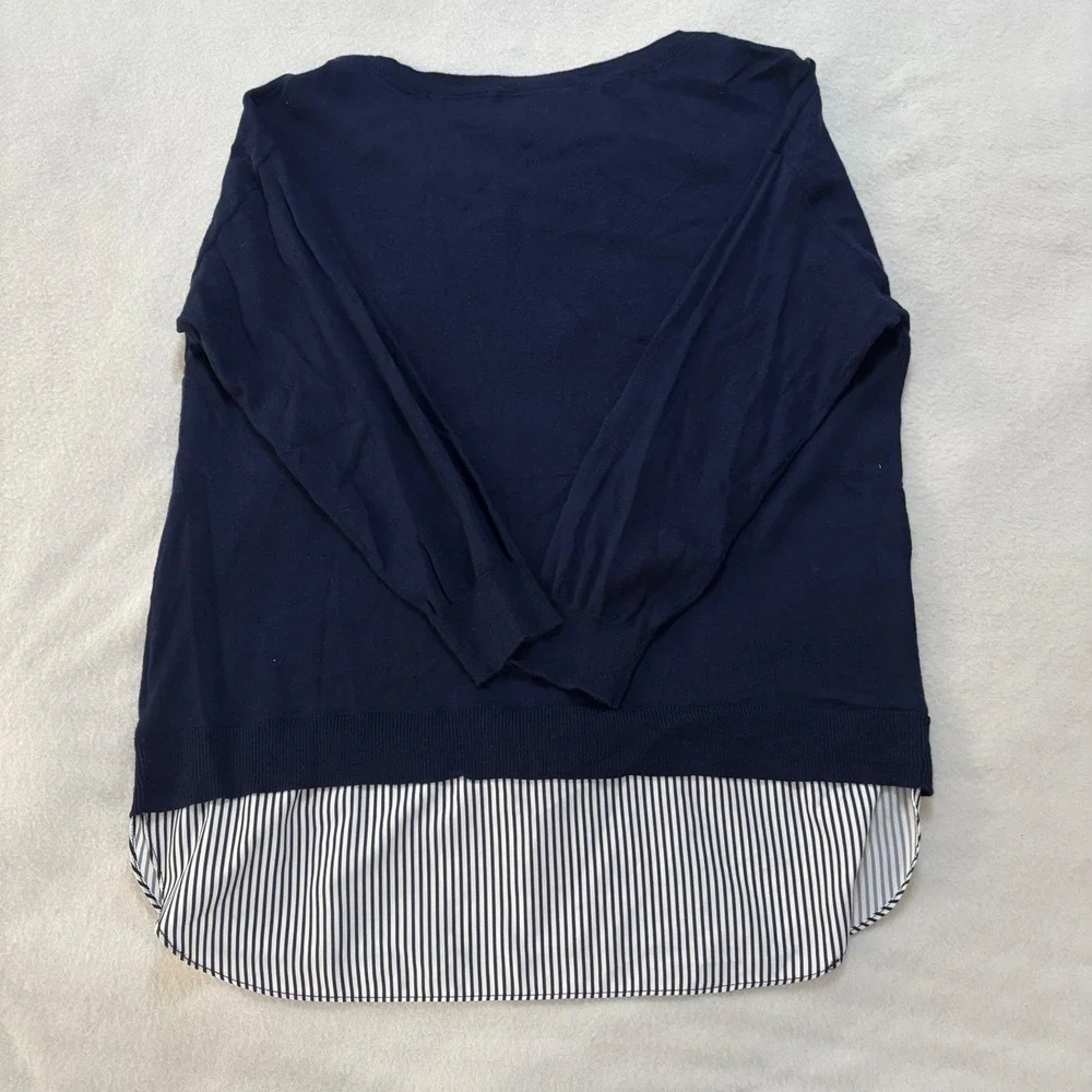 Lauren Ralph Lauren Navy Blue Striped Layered Mixed Media Sweater Top Large - Picture 5 of 7